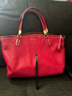Coach Red Pebbled Leather Kelsey Satchel with Gold Hardware